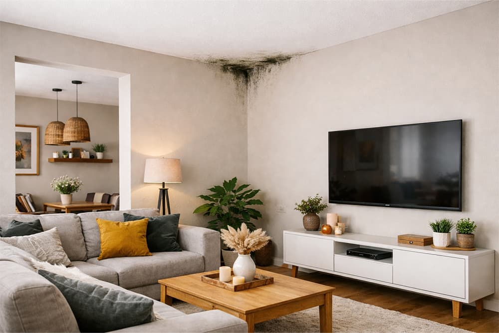 Nappali belső tere kanapéval és televízióval, ahol a fal és a fehér mennyezet találkozásánál, a sarokban egy nagy kiterjedésű, sötét szürke és fekete színű penészfolt látható