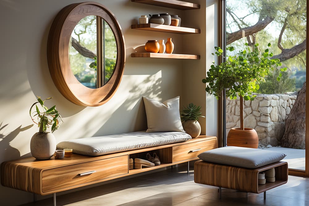 Természetes fényű modern előtér fa bútorokkal és növényekkel – biophilic design és természetközeliség