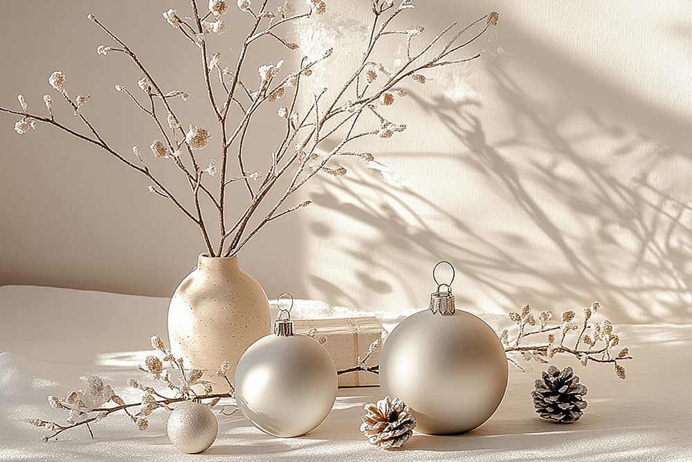 Minimalista karácsonyi kompozíció: fehér díszek, tobozok és fagyos gallyak bézs alapon