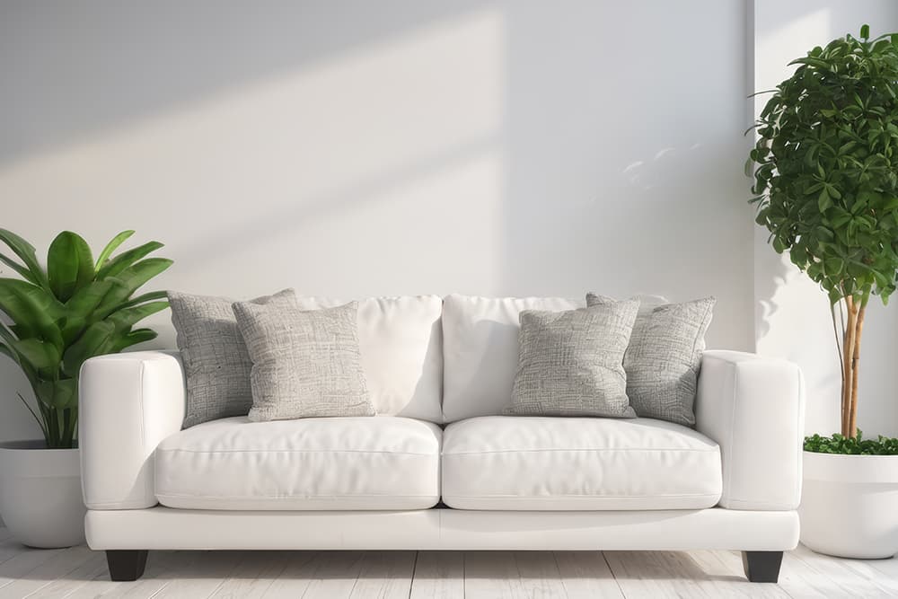 Fehér kanapé szürke texturált párnákkal és zöld növényekkel